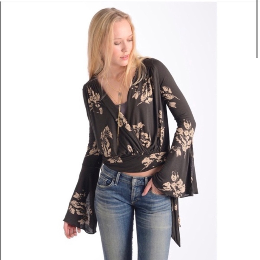 Free People Fiona Coal Combo Floral V Neck Bell Sleeve Blouse